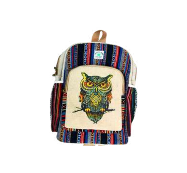 Manufacturer, Exporter, Importer, Supplier, Wholesaler, Retailer, Trader of Organic Culture Hemp Owl Print Backpack, Natural & Eco-Friendly Hemp Laptop Bag Backpack/School & Traveler Bag Shoulder Bag  (Multicolor) in New Delhi, Delhi, India.